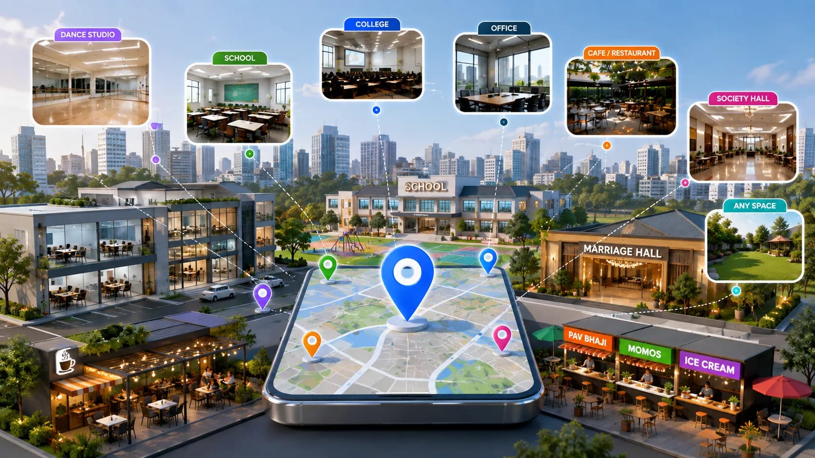 Find and book spaces near you on a live map — studios, classrooms, offices, cafés, marriage halls and food stalls listed on XtraSpace.