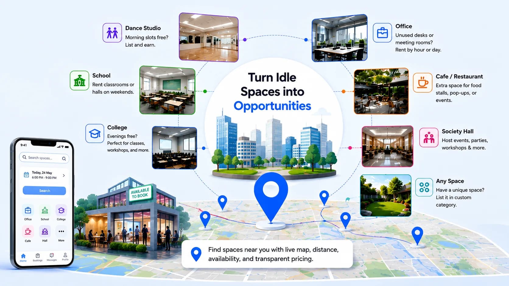 Turn idle spaces into opportunities — rent dance studios, schools, colleges, offices, cafés and society halls by the hour on XtraSpace.