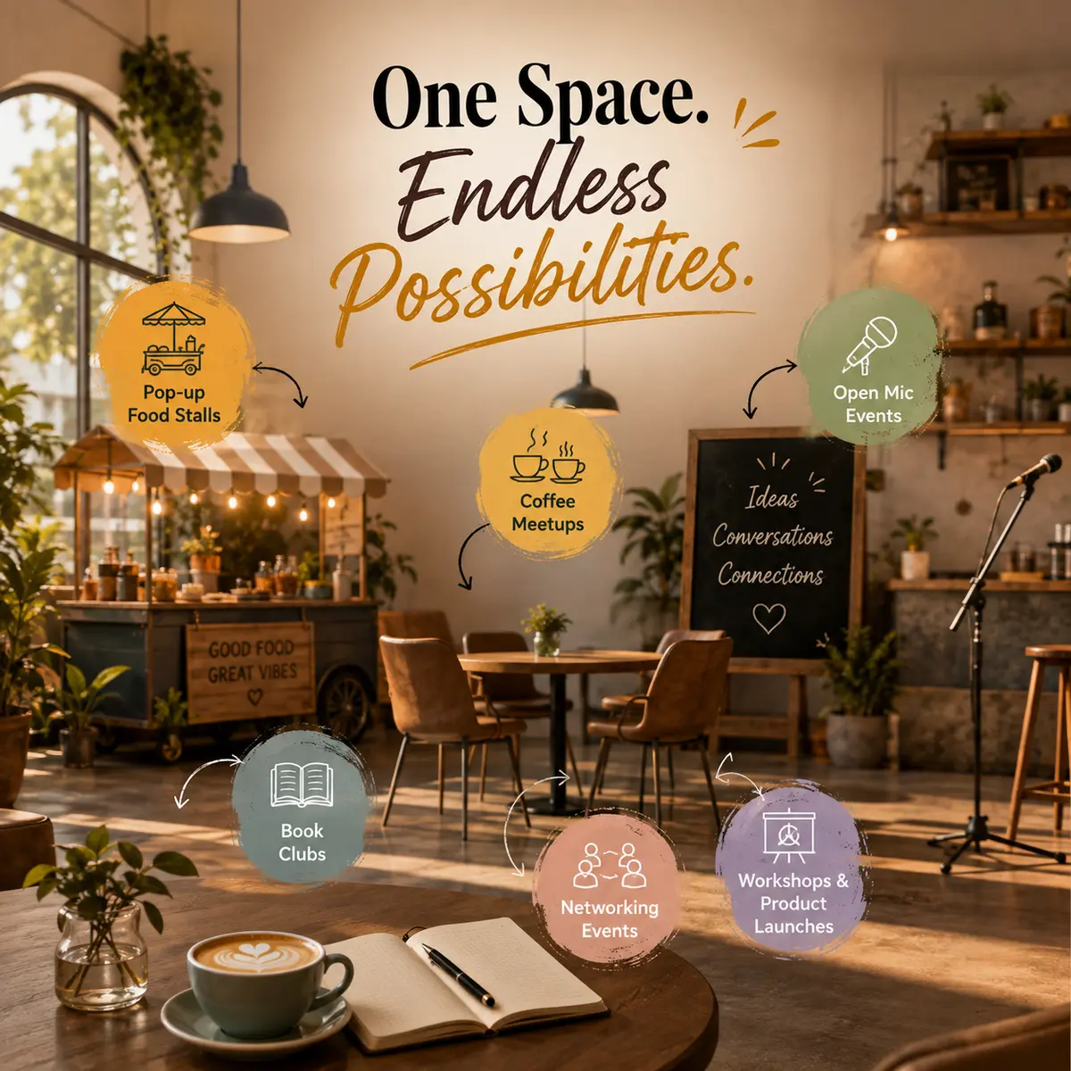 Warm, well-lit café interior with communal seating, arranged for a community event or workshop.