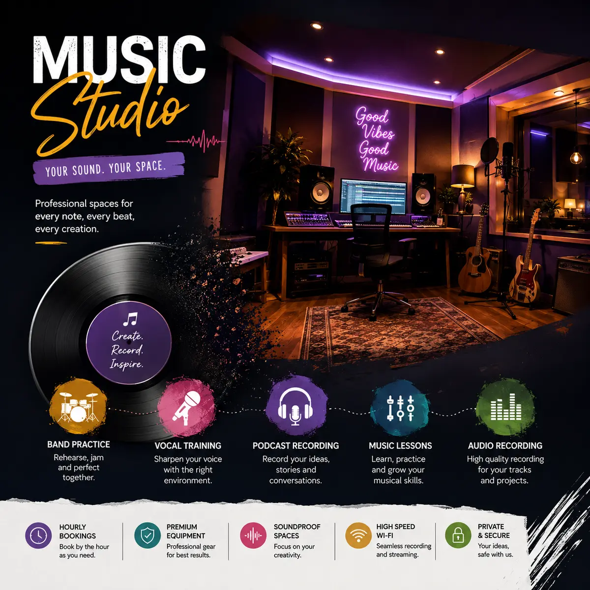 Professional music studio with acoustic treatment, microphone and mixing desk, set up for recording sessions.