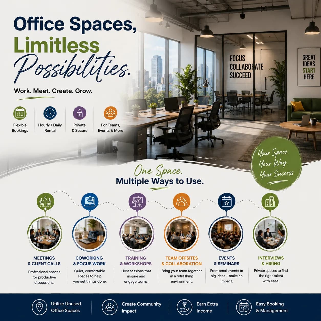 Office spaces available to rent by the hour or day for meetings, coworking, training, offsites, events and interviews.