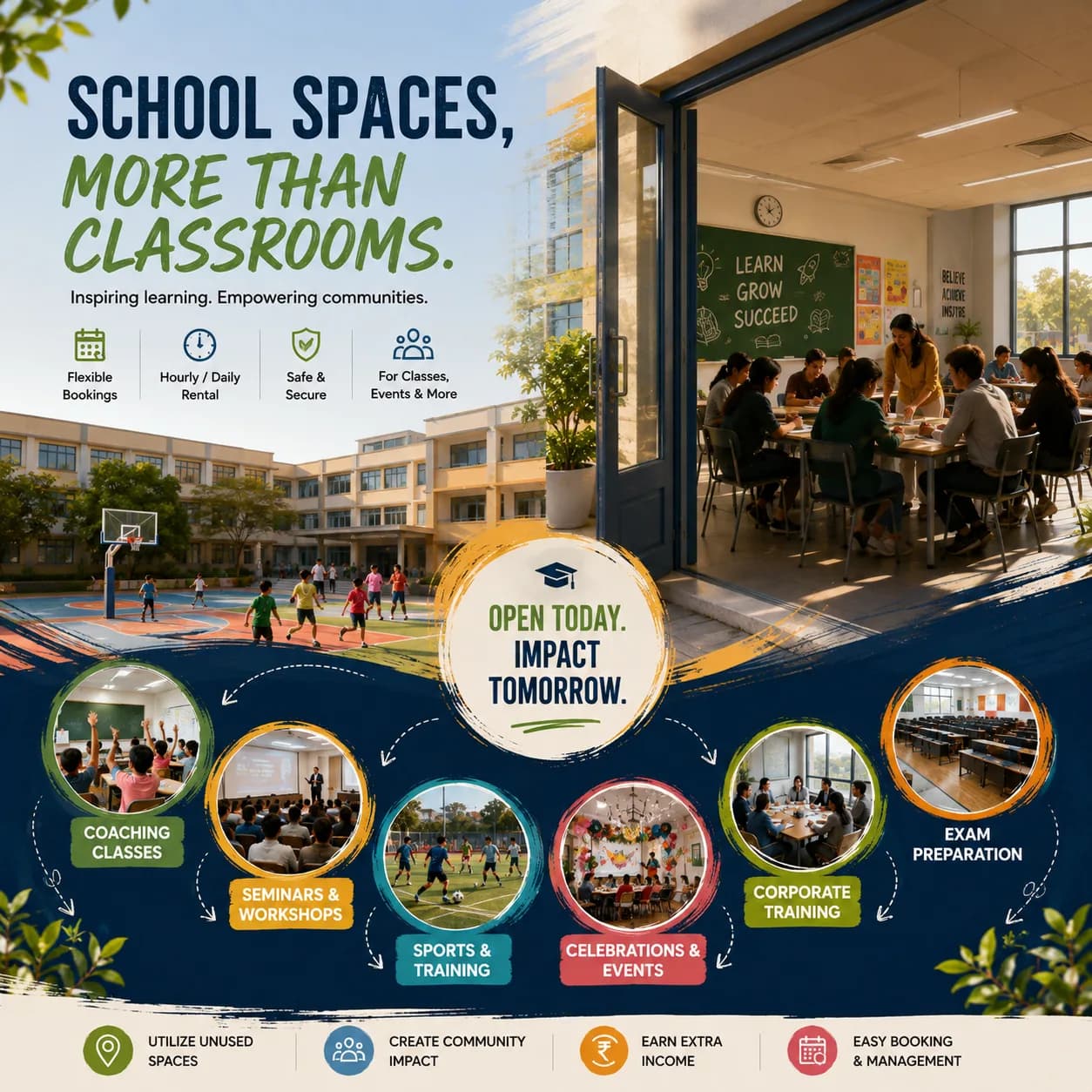 School spaces available to rent for coaching classes, seminars, sports, events and exam preparation.
