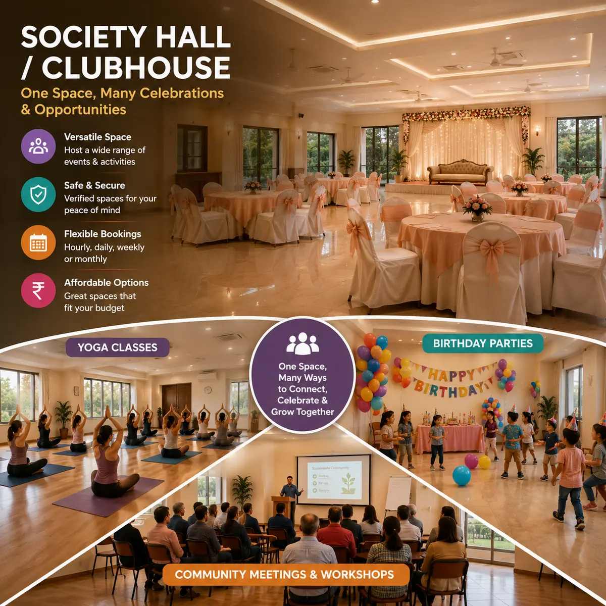 Spacious community society hall with open floor and stacked chairs, set up for events and classes.